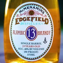 Close-up of McMenamins Edgefield Alambic 13 Brandy bottle label.