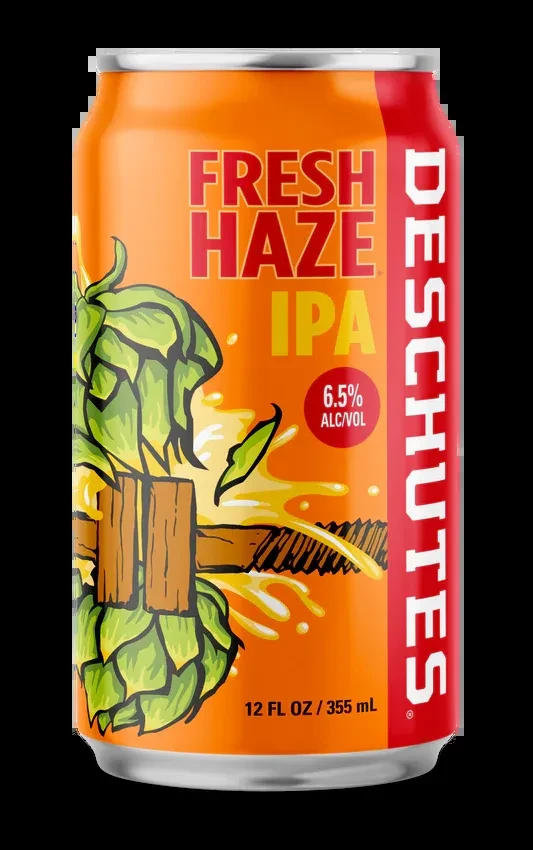 Orange Deschutes Fresh Haze IPA can with hops illustration.