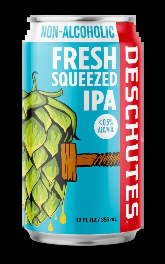 Deschutes Non-Alcoholic Fresh Squeezed IPA can on black background.