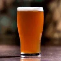 Pint glass of amber beer with a thick, frothy white head.