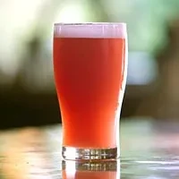 Tapered glass with reddish-pink drink and foam on a reflective surface.