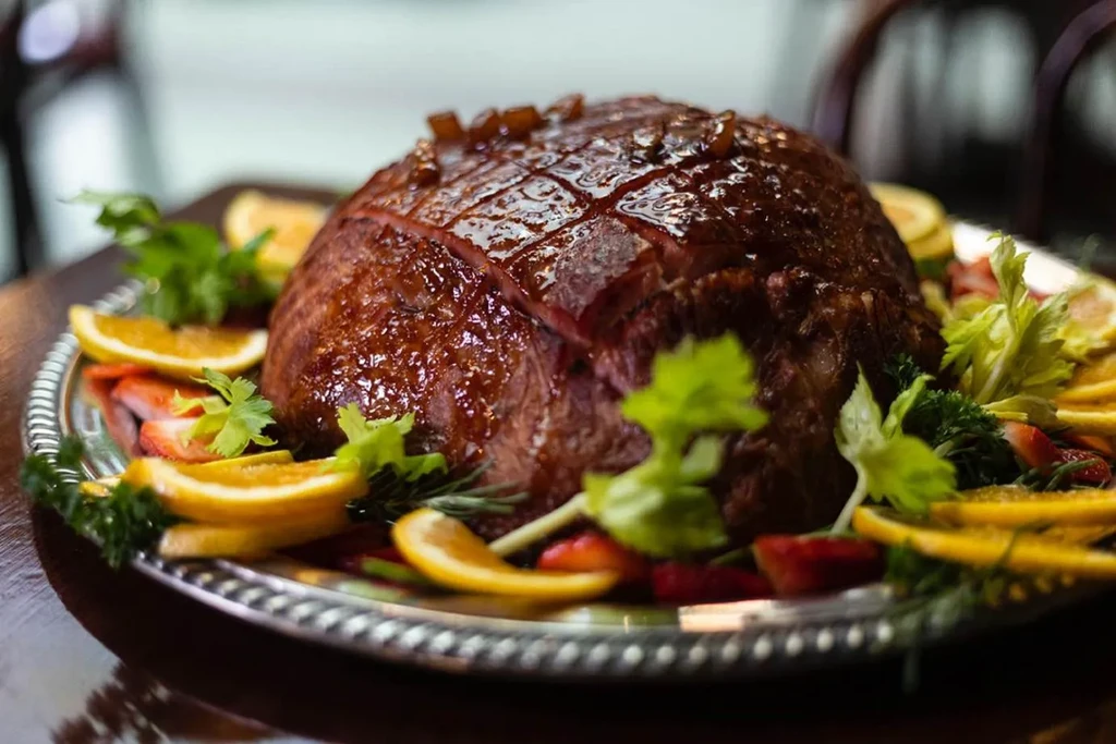 Glazed roasted ham, diamond-scored, garnished with fruit and herbs.