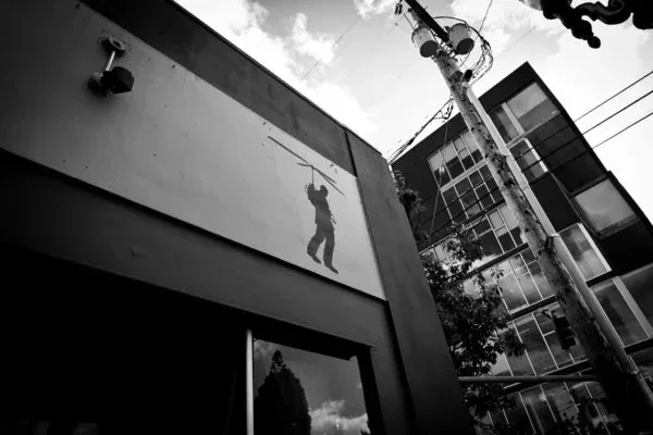 Black and white urban building with kite silhouette and utility pole.