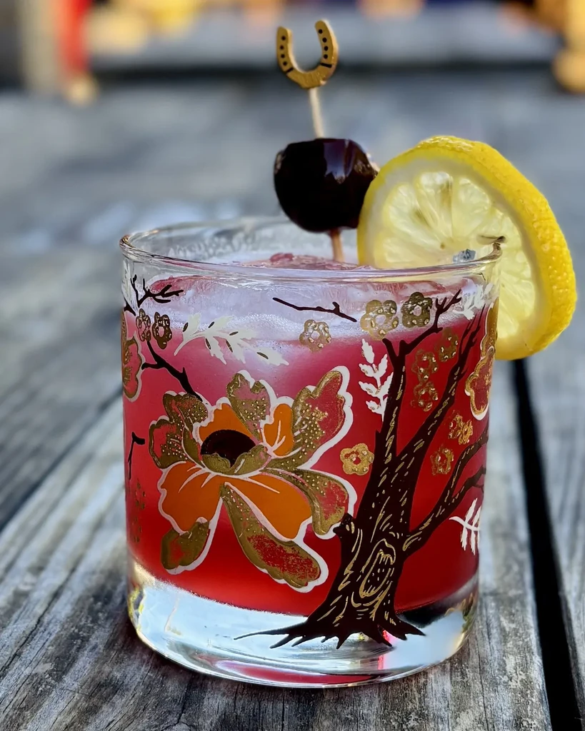 Red cocktail in floral glass with cherry, lemon slice on wood.