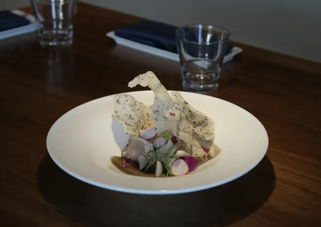 Finely plated appetizer: crispy elements, pale protein, radishes, herbs, and dark sauce.