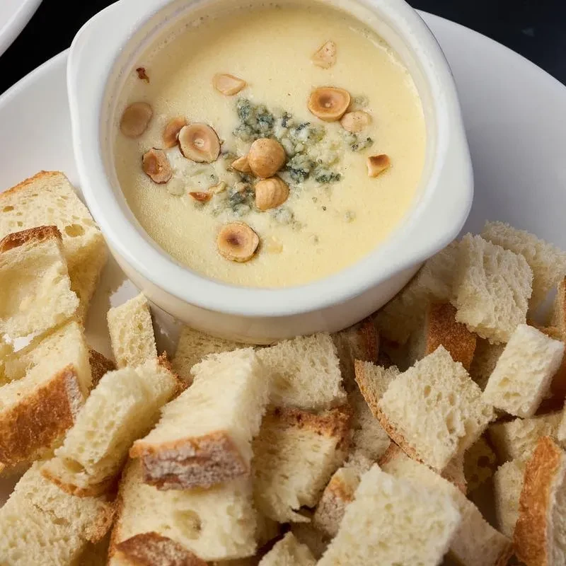 Creamy dip with hazelnuts, blue cheese, and bread cubes for dipping.