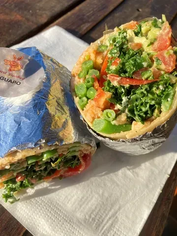 Two Hasty Donkey food wraps, one cut open, revealing colorful vegetables.