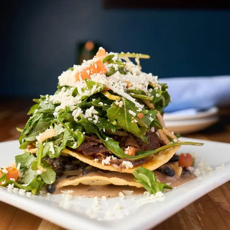 Stacked Mexican dish with shredded meat, beans, cheese, arugula, and tomatoes.