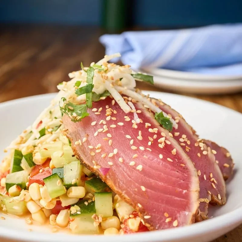 Sesame-crusted seared tuna on colorful salad in a white bowl.