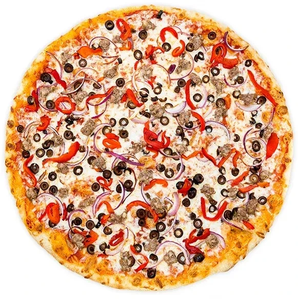 Whole pizza topped with cheese, ground meat, olives, bell peppers, and onions.