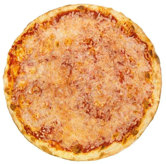 Perfectly round, freshly baked cheese pizza, overhead view.