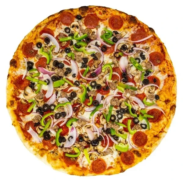 Top-down view of a loaded pizza with pepperoni, sausage, and vegetables.