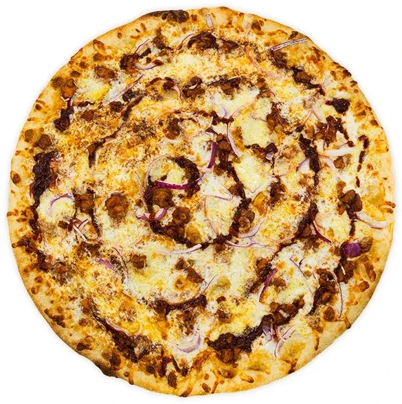 Full pizza topped with meat, cheese, red onion, and swirled sauce.