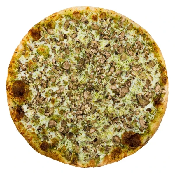 Top-down pizza with white sauce, mushrooms, green herbs, and golden crust.