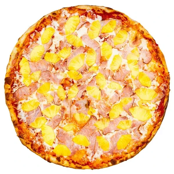 Overhead whole Hawaiian pizza with pineapple, ham, and melted cheese.