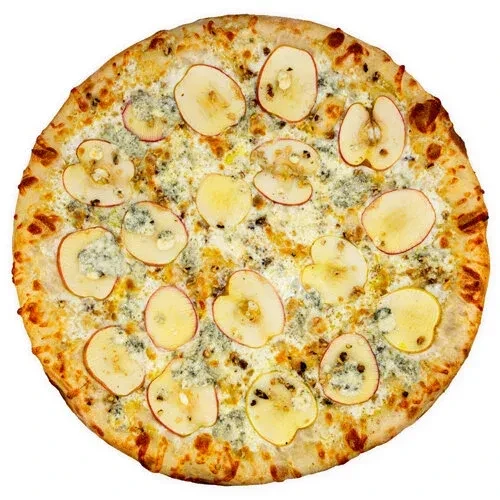 Pizza with creamy white cheese, blue cheese, and fruit slices.