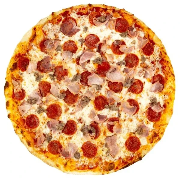 Whole pizza, top-down, with cheese, pepperoni, ham, and crumbled meat.