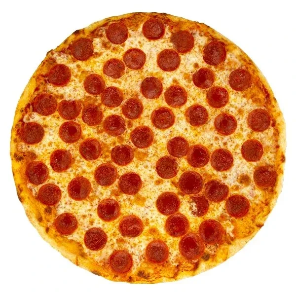 Full, circular pepperoni pizza with melted cheese and crispy pepperoni.
