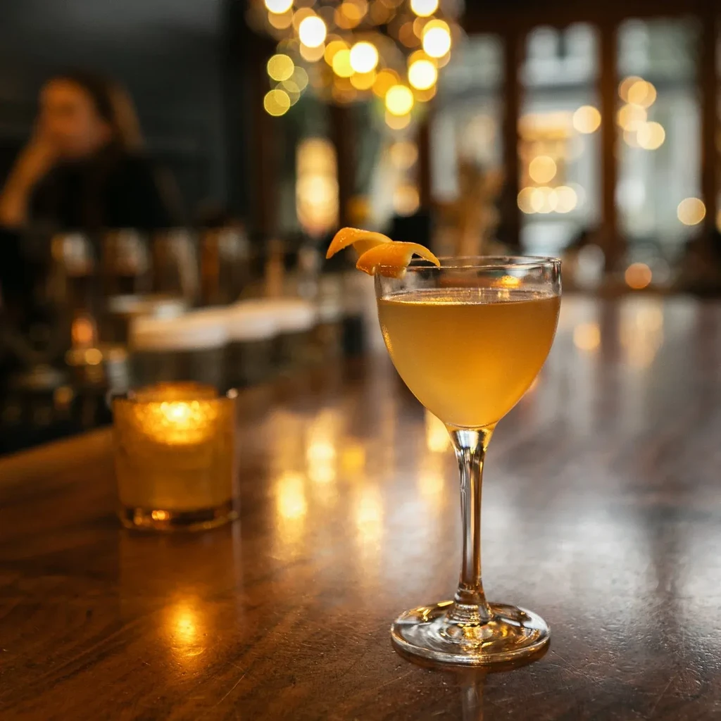 Cocktail in stemmed glass, orange peel, flickering candle, warm bokeh.