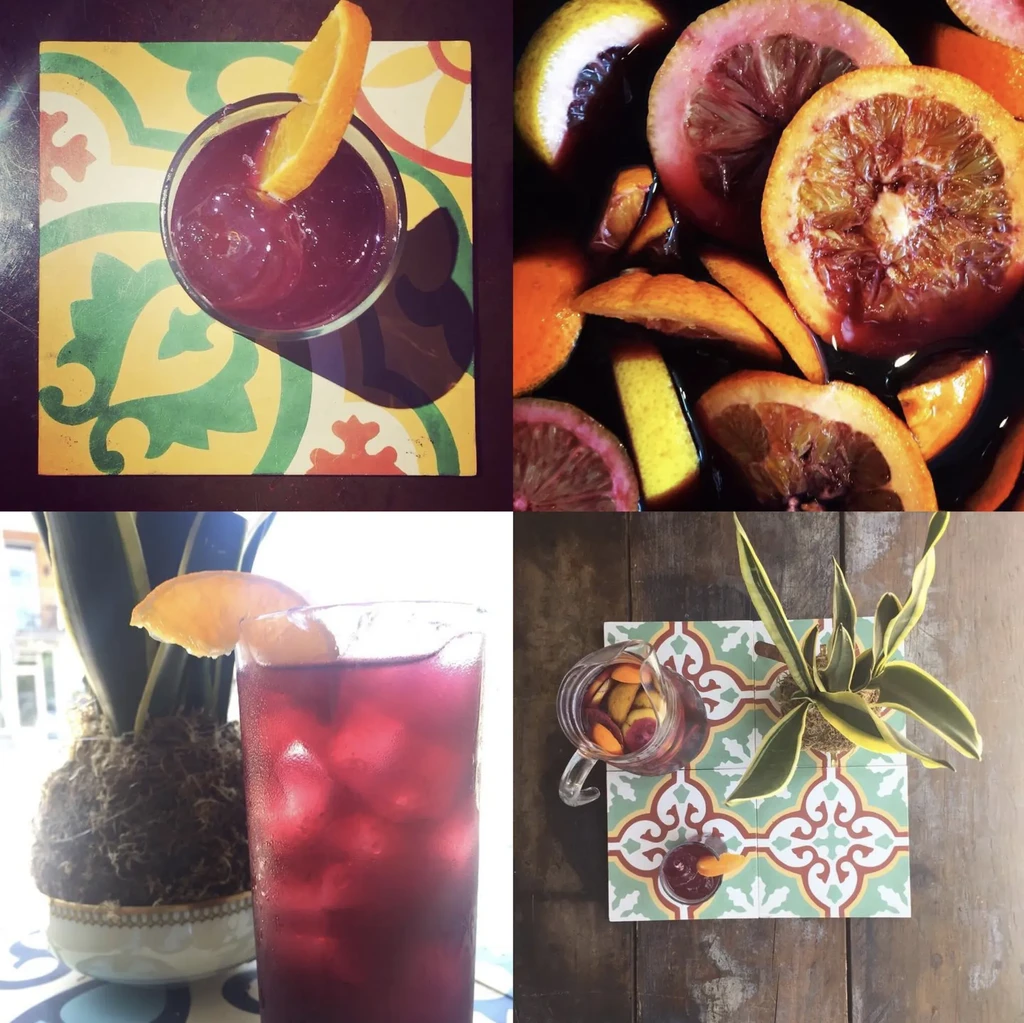 Four photos of red fruit drink or sangria with orange slices.