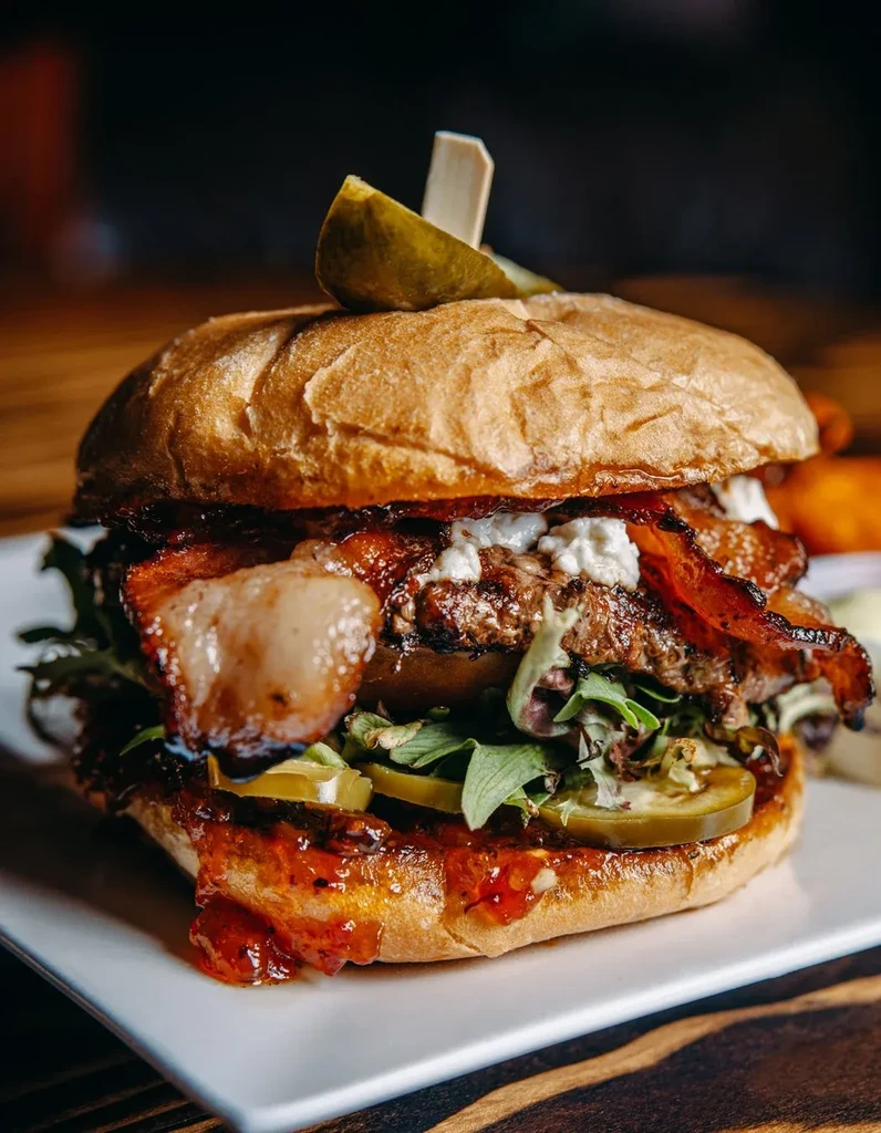 Gourmet burger with bacon, cheese, lettuce, and a pickle spear.