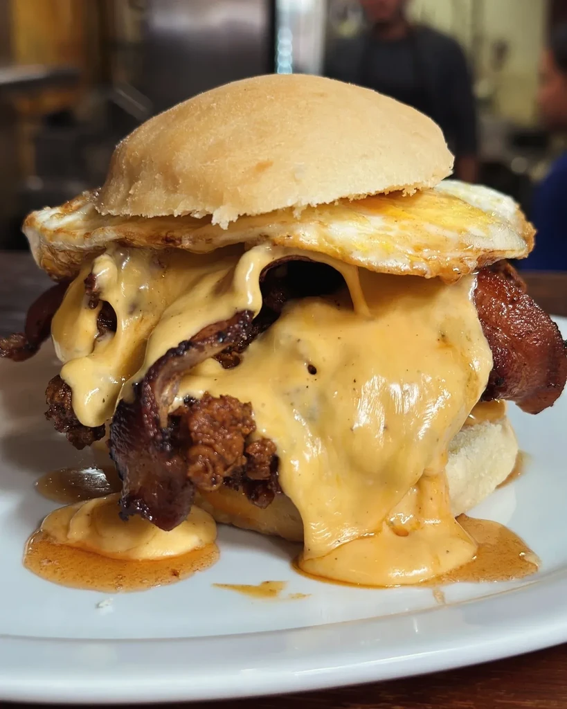 Close-up: sandwich with fried egg, crispy meat, bacon, and dripping cheese.