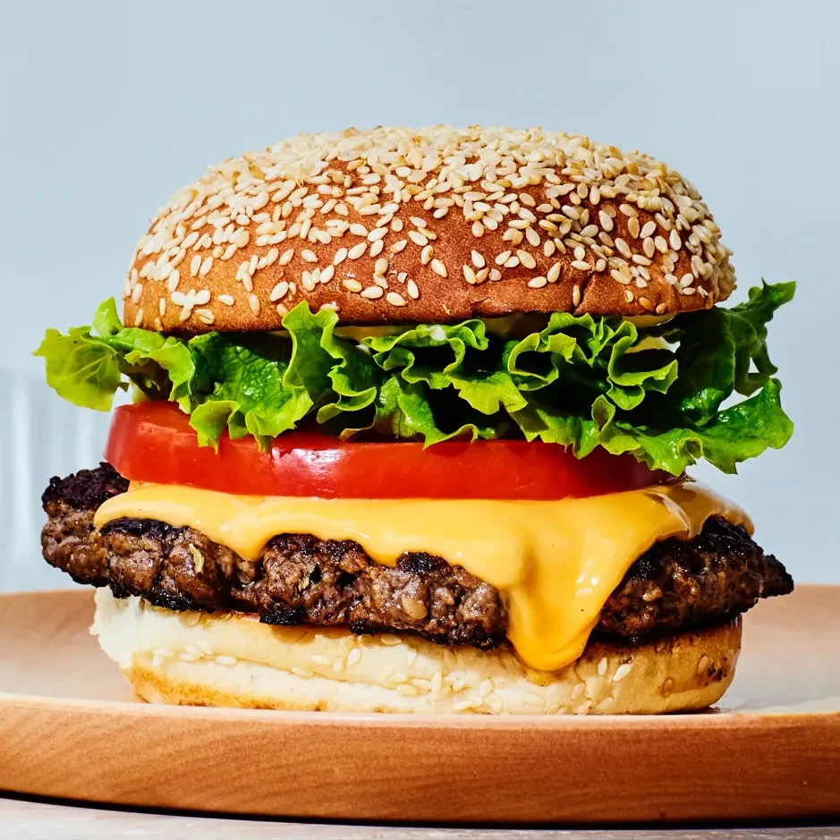 Stacked cheeseburger with melted cheese, tomato, lettuce, on wooden surface.