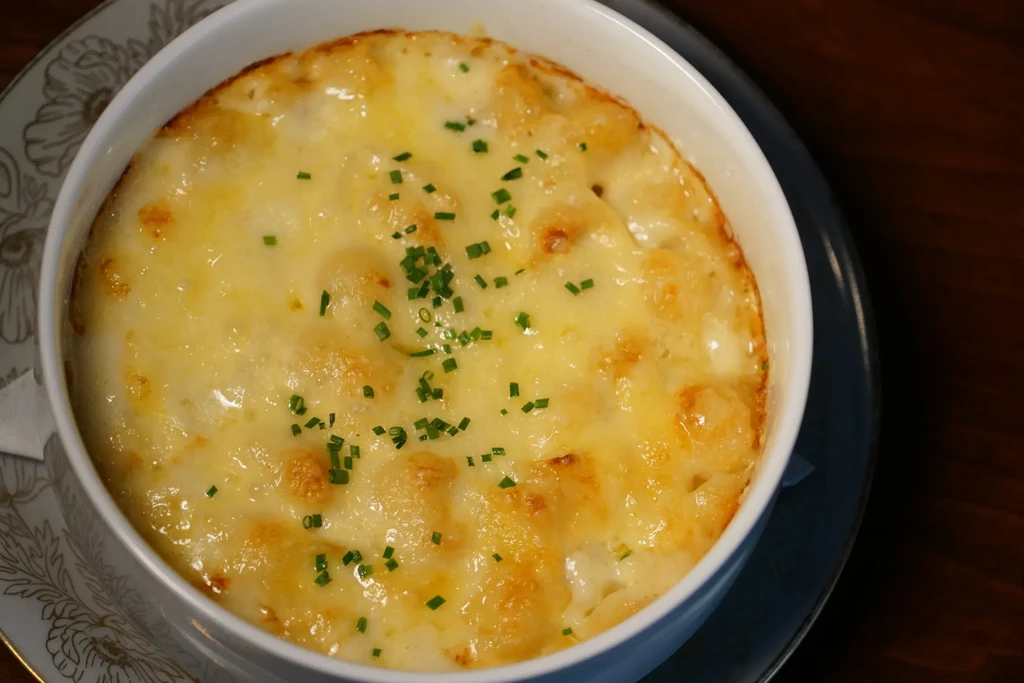 Overhead close-up of golden-brown mac and cheese with chives.