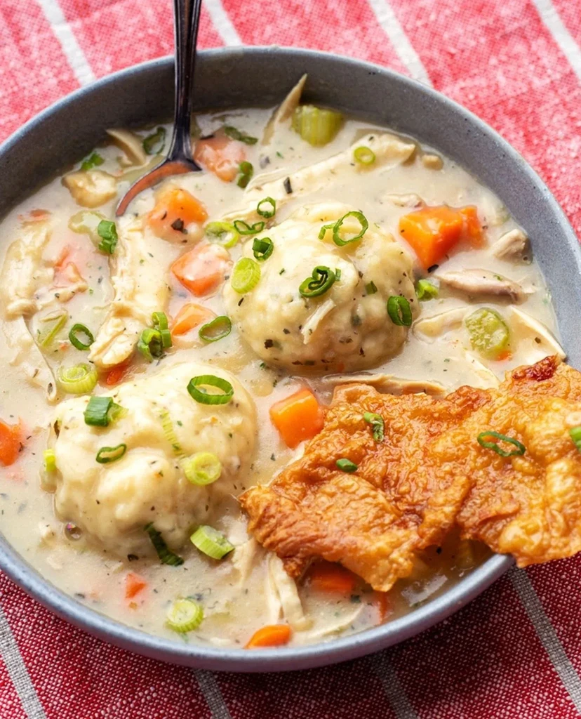 Rustic blue bowl of creamy chicken and dumplings with green onions.