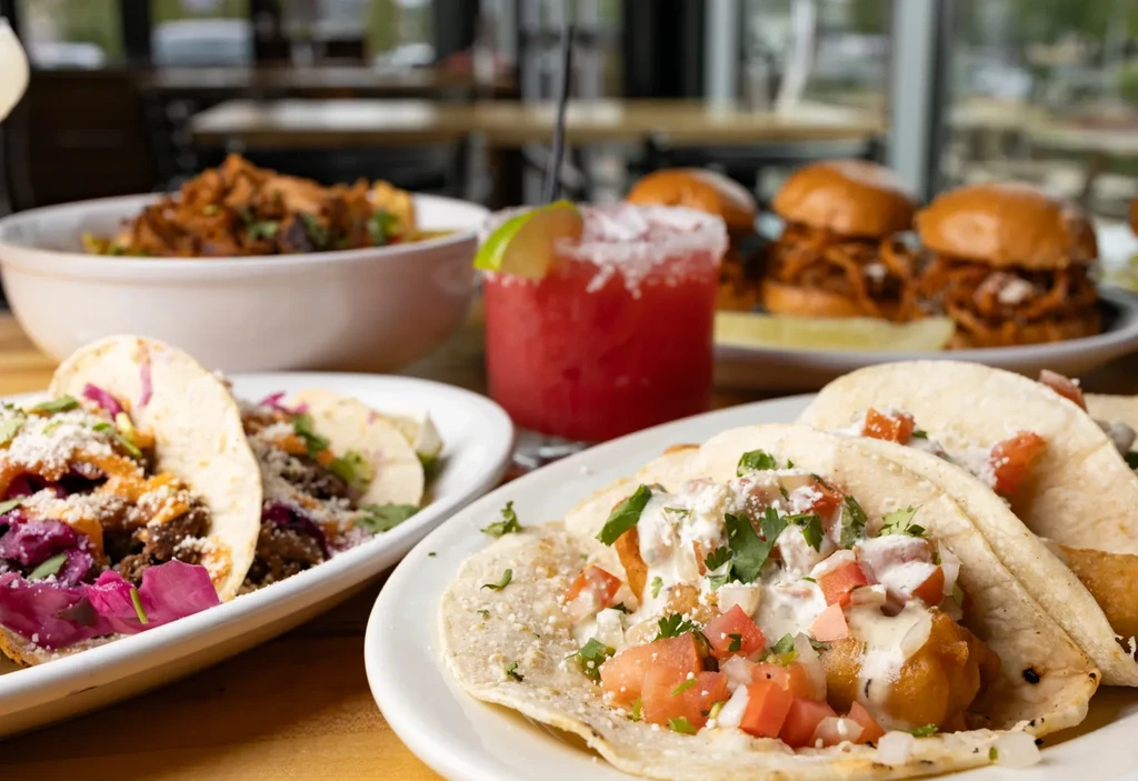 Spread of meat and fish tacos, a red cocktail, and various dishes.