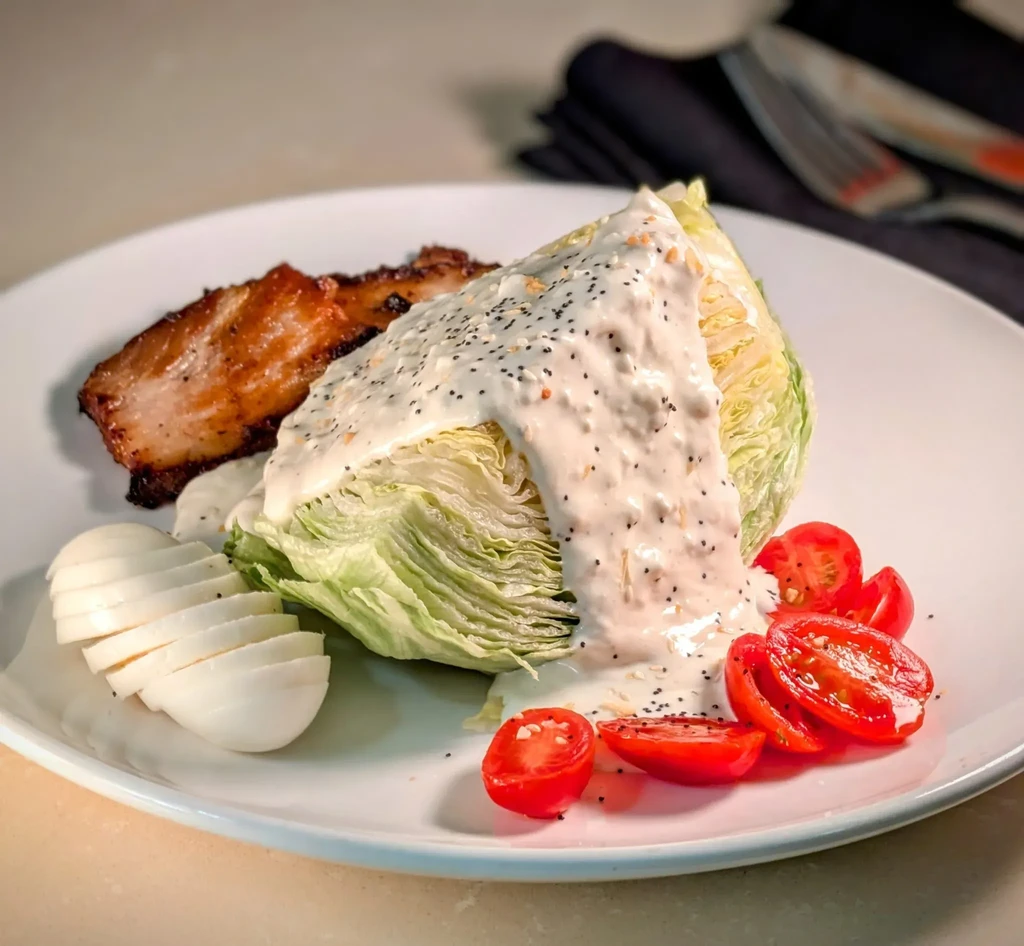 Wedge salad with grilled meat, sliced egg, and cherry tomatoes.
