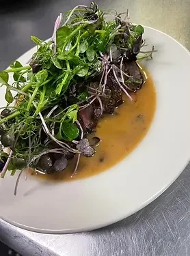 Dark meat with green microgreens and rich brown sauce.