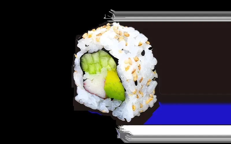 Uramaki sushi roll with sesame, cucumber, avocado, on artificial black background.