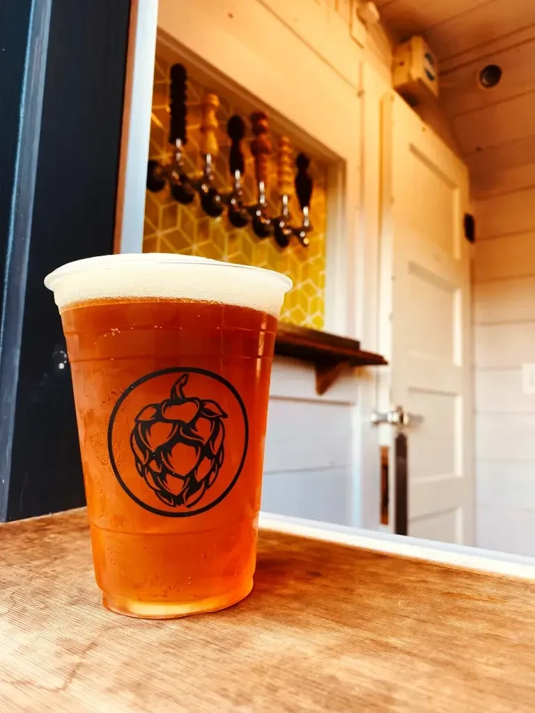 Foamy amber beer in plastic cup with hop graphic on wooden counter.