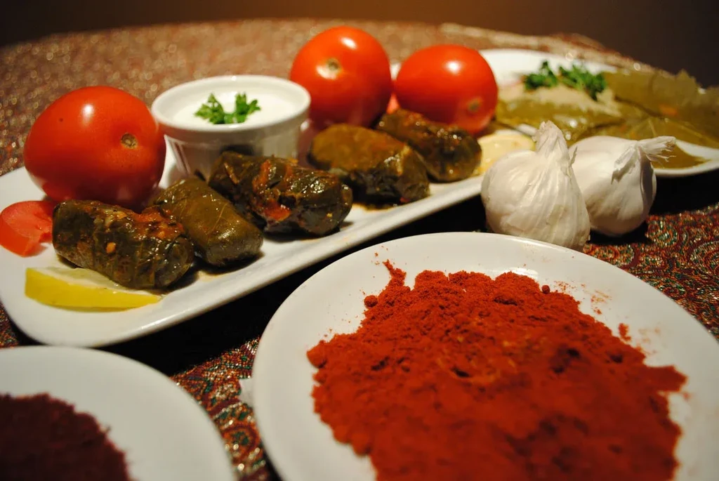 Close-up of dolmas, tomatoes, garlic, dip, and red spices.