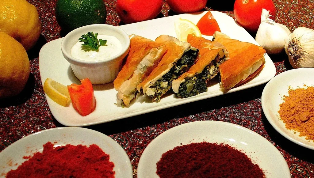 Golden pastries, spinach, sauce, lemon, spices on patterned tablecloth.