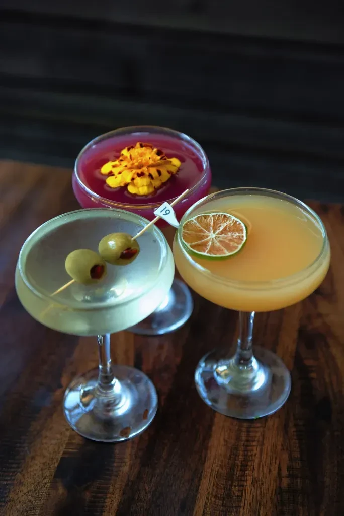 Martini, magenta, and orange cocktails on a dark wooden surface.