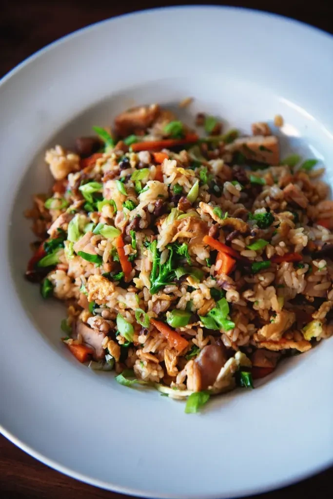 Fried rice with egg, carrots, and green onions on a white plate.