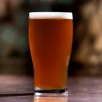 Close-up of a full pint of amber beer with a white foam head.