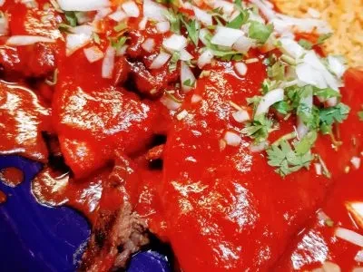 Mexican dish with red chili sauce, onions, cilantro, and rice.