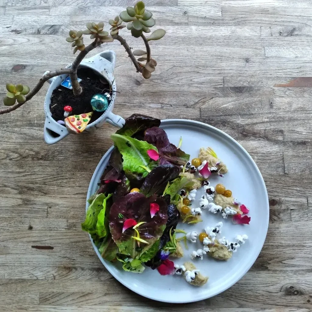 Plated colorful salad and succulent plant with miniatures on a rustic table.