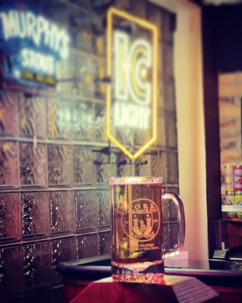 York Harbour Pub beer mug with blurred neon signs in pub background.