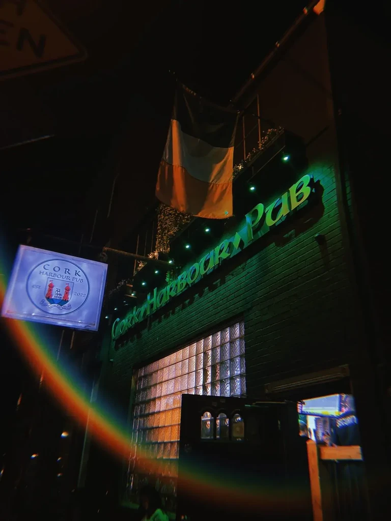 Cork Harbour Pub exterior at night, green neon sign, Irish flag.
