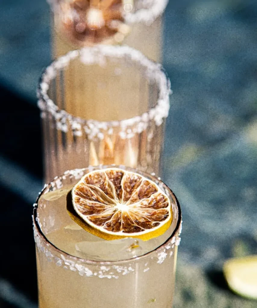 Three amber cocktails with salted rims and dried citrus, one in sharp focus.