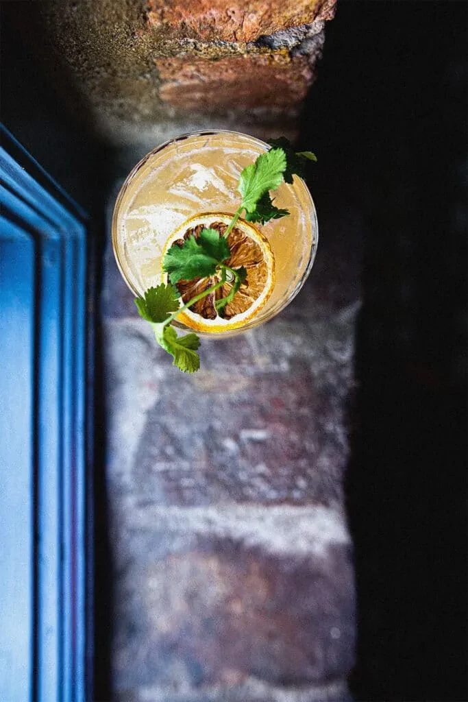 Amber cocktail with ice, dried citrus, and green herbs on rustic background.