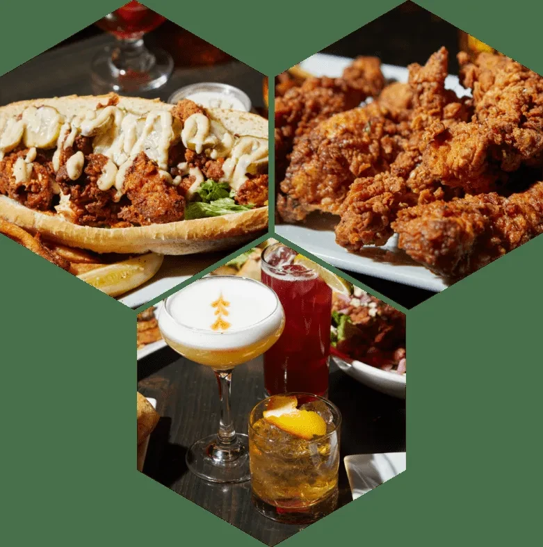 Hexagonal collage with fried chicken, sub sandwich, and cocktails on dark background.