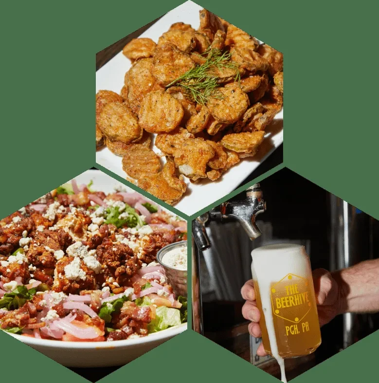 Hexagonal collage of fried pickles, chicken salad, and beer pour.