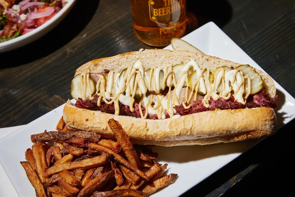 Large meat sandwich, fries, salad, and Beer Hive PGH beer.
