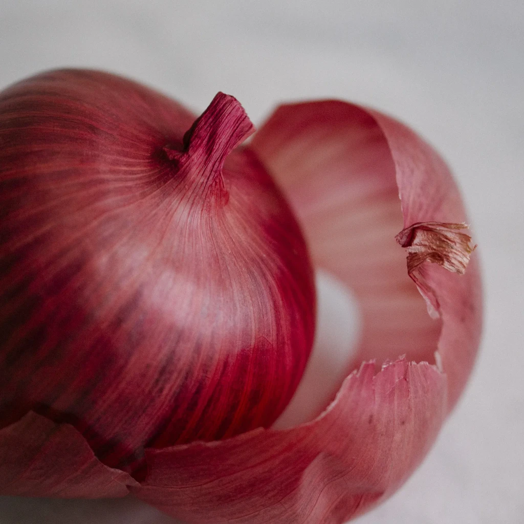 Close-up of a red onion with peeling outer skin, revealing pink interior.