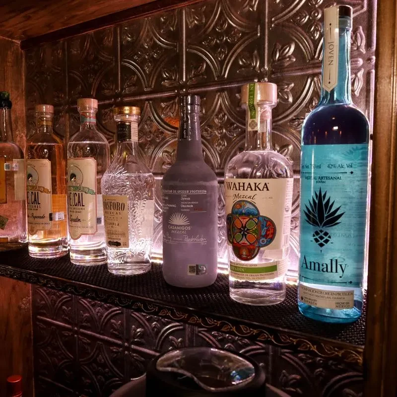 Various mezcal and tequila bottles on a shelf with an ornate background.